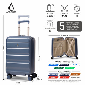 Aerolite 55x35x25cm Hard Shell Carry On Hand Cabin Luggage Suitcase with 4 Spinner Wheels & TSA Lock – Max Size Cabin Bag for Air Europa, Air France, ITA Airways, KLM & Transavia - Blue